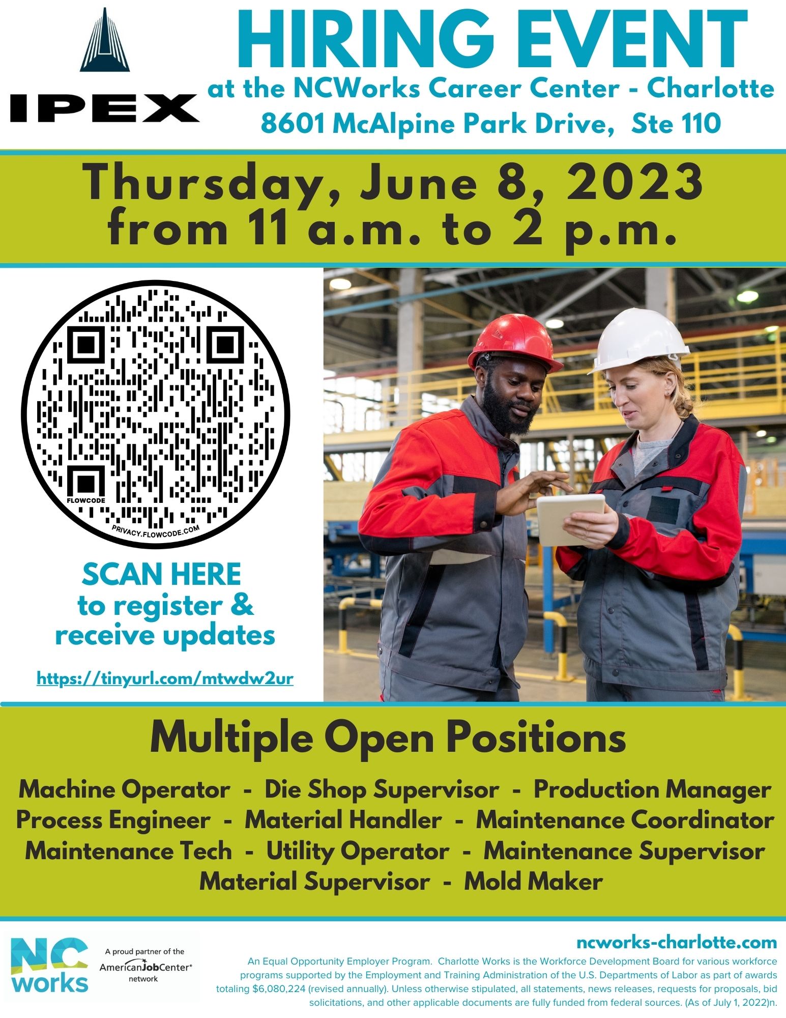 IPEX hiring event flyer for June 8th at 11 AM at the NCWorks Career Center.
